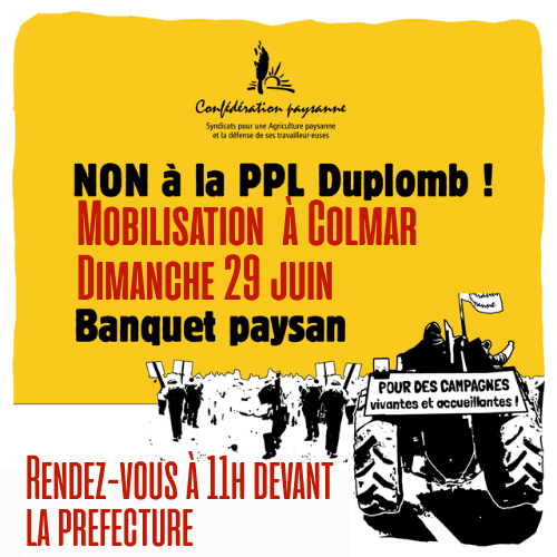 contre la loi DUPLOMB mobilisons nous, le 29 juin devant la préfecture de Colmar : Image à la une